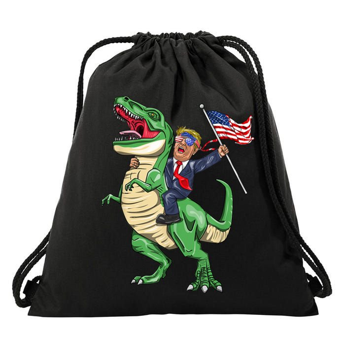 T Rex Dinosaur With Trump Gift American Flag For Patriot Gift Drawstring Bag