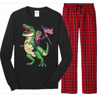 T Rex Dinosaur With Trump Gift American Flag For Patriot Gift Long Sleeve Pajama Set