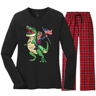 T Rex Dinosaur With Trump Gift American Flag For Patriot Gift Women's Long Sleeve Flannel Pajama Set 