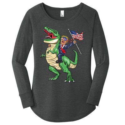 T Rex Dinosaur With Trump Gift American Flag For Patriot Gift Women's Perfect Tri Tunic Long Sleeve Shirt