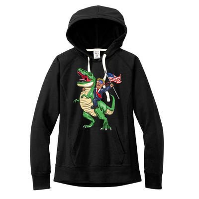 T Rex Dinosaur With Trump Gift American Flag For Patriot Gift Women's Fleece Hoodie