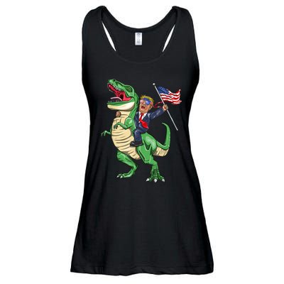 T Rex Dinosaur With Trump Gift American Flag For Patriot Gift Ladies Essential Flowy Tank