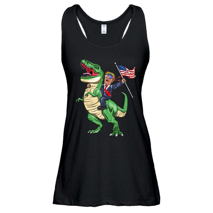 T Rex Dinosaur With Trump Gift American Flag For Patriot Gift Ladies Essential Flowy Tank