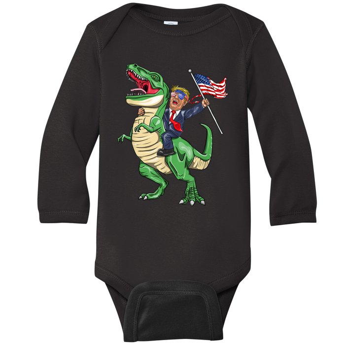 T Rex Dinosaur With Trump Gift American Flag For Patriot Gift Baby Long Sleeve Bodysuit