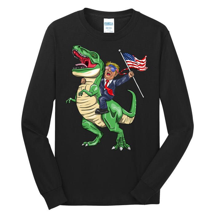 T Rex Dinosaur With Trump Gift American Flag For Patriot Gift Tall Long Sleeve T-Shirt