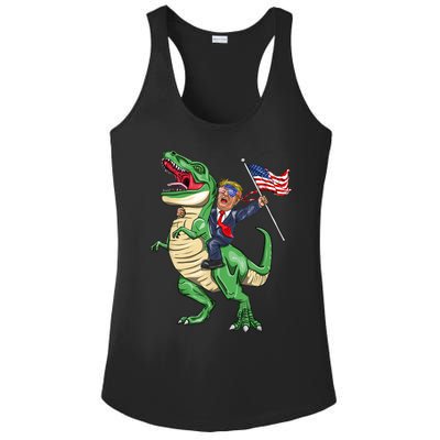 T Rex Dinosaur With Trump Gift American Flag For Patriot Gift Ladies PosiCharge Competitor Racerback Tank