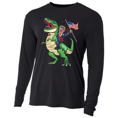 T Rex Dinosaur With Trump Gift American Flag For Patriot Gift Cooling Performance Long Sleeve Crew