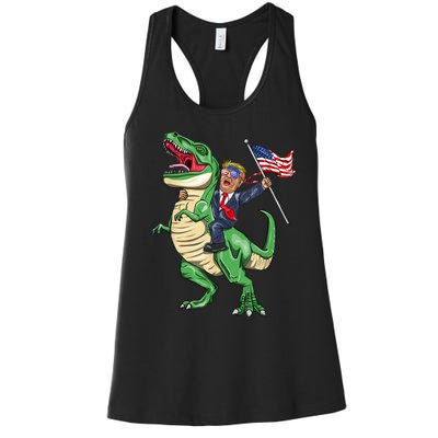 T Rex Dinosaur With Trump Gift American Flag For Patriot Gift Women's Racerback Tank