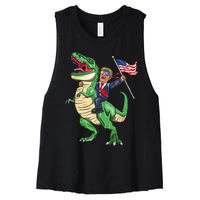 T Rex Dinosaur With Trump Gift American Flag For Patriot Gift Women's Racerback Cropped Tank