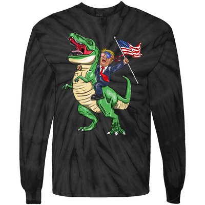 T Rex Dinosaur With Trump Gift American Flag For Patriot Gift Tie-Dye Long Sleeve Shirt