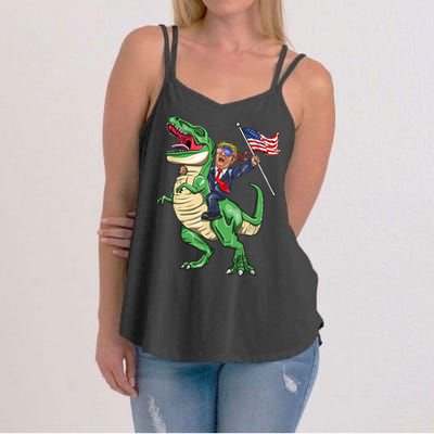 T Rex Dinosaur With Trump Gift American Flag For Patriot Gift Women's Strappy Tank