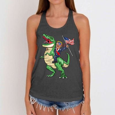 T Rex Dinosaur With Trump Gift American Flag For Patriot Gift Women's Knotted Racerback Tank