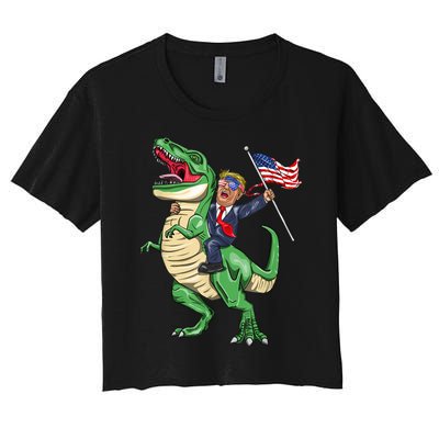 T Rex Dinosaur With Trump Gift American Flag For Patriot Gift Women's Crop Top Tee