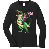 T Rex Dinosaur With Trump Gift American Flag For Patriot Gift Ladies Long Sleeve Shirt