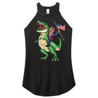 T Rex Dinosaur With Trump Gift American Flag For Patriot Gift Women's Perfect Tri Rocker Tank