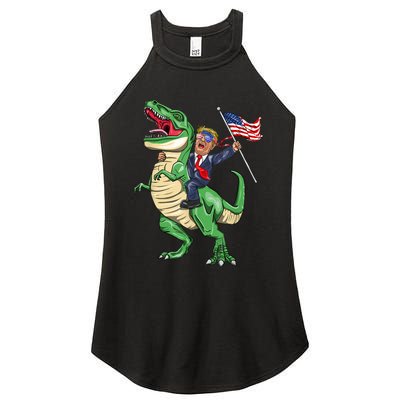 T Rex Dinosaur With Trump Gift American Flag For Patriot Gift Women's Perfect Tri Rocker Tank