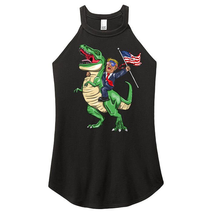 T Rex Dinosaur With Trump Gift American Flag For Patriot Gift Women's Perfect Tri Rocker Tank