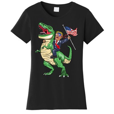 T Rex Dinosaur With Trump Gift American Flag For Patriot Gift Women's T-Shirt