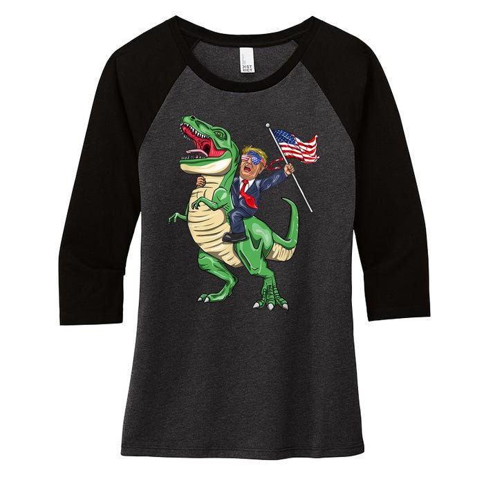 T Rex Dinosaur With Trump Gift American Flag For Patriot Gift Women's Tri-Blend 3/4-Sleeve Raglan Shirt