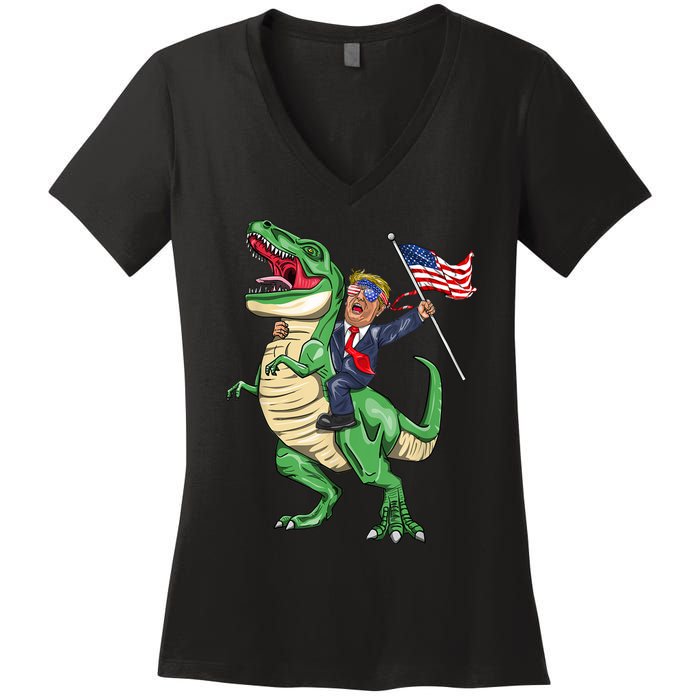 T Rex Dinosaur With Trump Gift American Flag For Patriot Gift Women's V-Neck T-Shirt