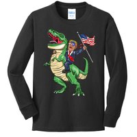 T Rex Dinosaur With Trump Gift American Flag For Patriot Gift Kids Long Sleeve Shirt