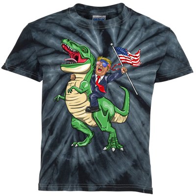 T Rex Dinosaur With Trump Gift American Flag For Patriot Gift Kids Tie-Dye T-Shirt