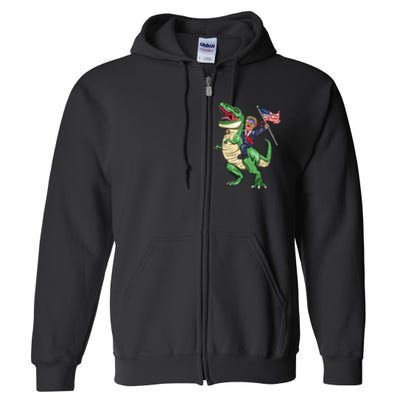 T Rex Dinosaur With Trump Gift American Flag For Patriot Gift Full Zip Hoodie