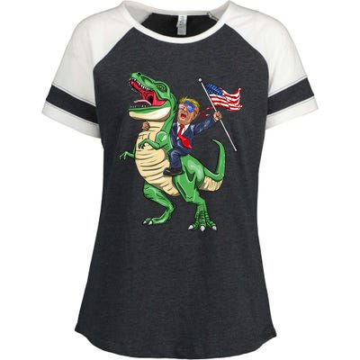 T Rex Dinosaur With Trump Gift American Flag For Patriot Gift Enza Ladies Jersey Colorblock Tee