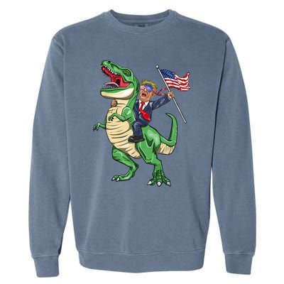 T Rex Dinosaur With Trump Gift American Flag For Patriot Gift Garment-Dyed Sweatshirt