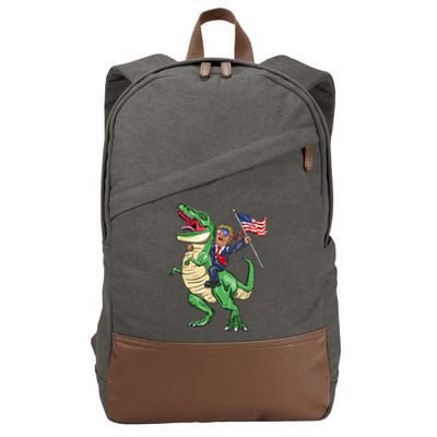 T Rex Dinosaur With Trump Gift American Flag For Patriot Gift Cotton Canvas Backpack