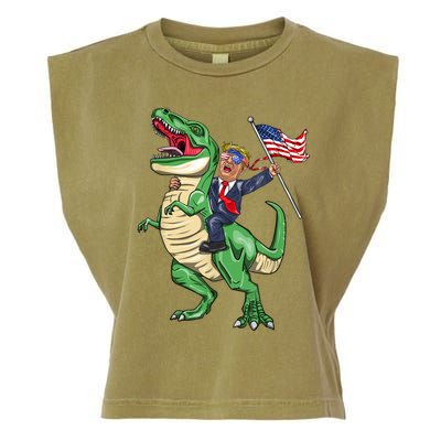 T Rex Dinosaur With Trump Gift American Flag For Patriot Gift Garment-Dyed Women's Muscle Tee