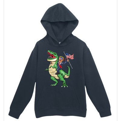 T Rex Dinosaur With Trump Gift American Flag For Patriot Gift Urban Pullover Hoodie