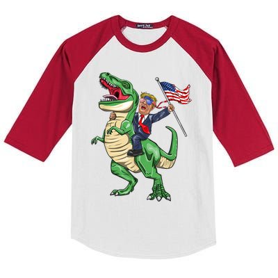 T Rex Dinosaur With Trump Gift American Flag For Patriot Gift Kids Colorblock Raglan Jersey