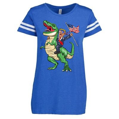 T Rex Dinosaur With Trump Gift American Flag For Patriot Gift Enza Ladies Jersey Football T-Shirt