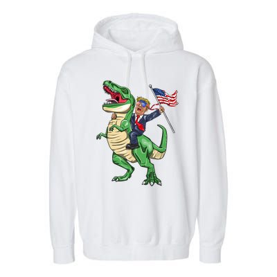 T Rex Dinosaur With Trump Gift American Flag For Patriot Gift Garment-Dyed Fleece Hoodie