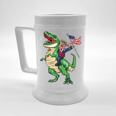 T Rex Dinosaur With Trump Gift American Flag For Patriot Gift Beer Stein