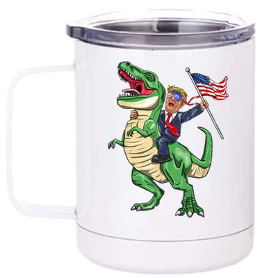 T Rex Dinosaur With Trump Gift American Flag For Patriot Gift 12 oz Stainless Steel Tumbler Cup