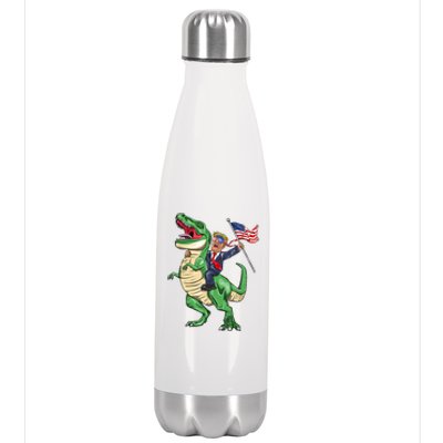 T Rex Dinosaur With Trump Gift American Flag For Patriot Gift Stainless Steel Insulated Water Bottle