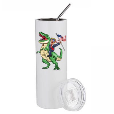 T Rex Dinosaur With Trump Gift American Flag For Patriot Gift Stainless Steel Tumbler