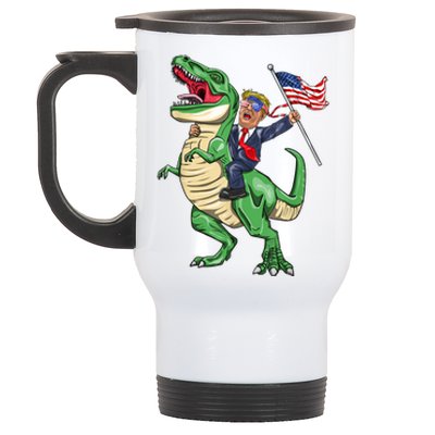 T Rex Dinosaur With Trump Gift American Flag For Patriot Gift Stainless Steel Travel Mug