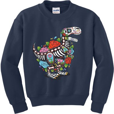 T Rex Dino Sugar Skull Mexico Calavera Dia De Los Muertos Kids Sweatshirt