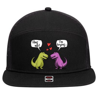 T Rex Dinosaur Couple Hug Me Valentines Day 7 Panel Mesh Trucker Snapback Hat