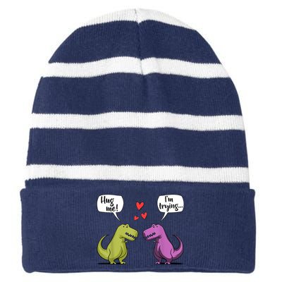 T Rex Dinosaur Couple Hug Me Valentines Day Striped Beanie with Solid Band