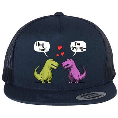 T Rex Dinosaur Couple Hug Me Valentines Day Flat Bill Trucker Hat