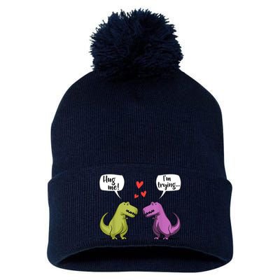 T Rex Dinosaur Couple Hug Me Valentines Day Pom Pom 12in Knit Beanie