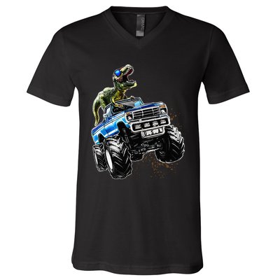 T Rex Dinosaur Monster Truck Patriotic Birthday Gift V-Neck T-Shirt