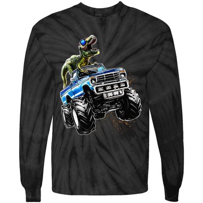 T Rex Dinosaur Monster Truck Patriotic Birthday Gift Tie-Dye Long Sleeve Shirt