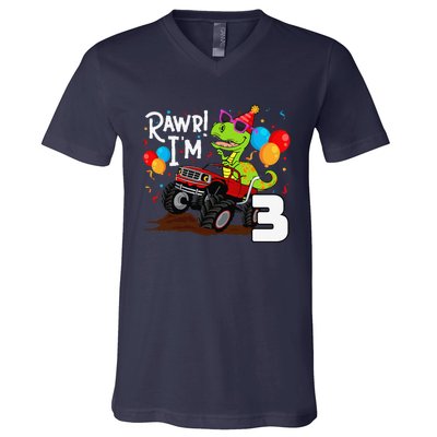 T Rex Dinosaur Monster Truck Birthdays For 3 V-Neck T-Shirt