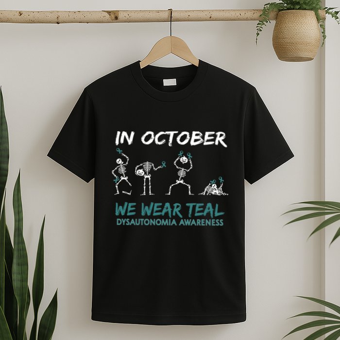 Teal Ribbon Dysautonomia Awareness Skeleton Halloween T-Shirt