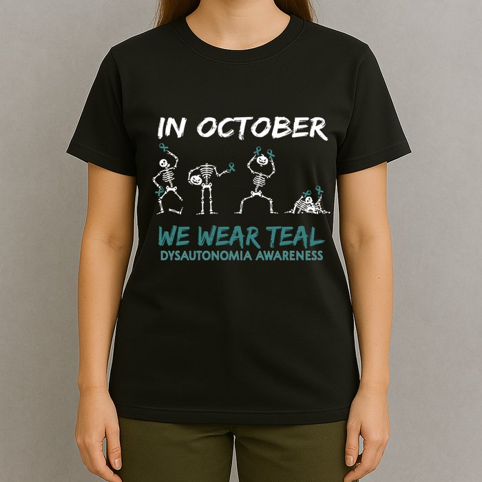 Teal Ribbon Dysautonomia Awareness Skeleton Halloween T-Shirt